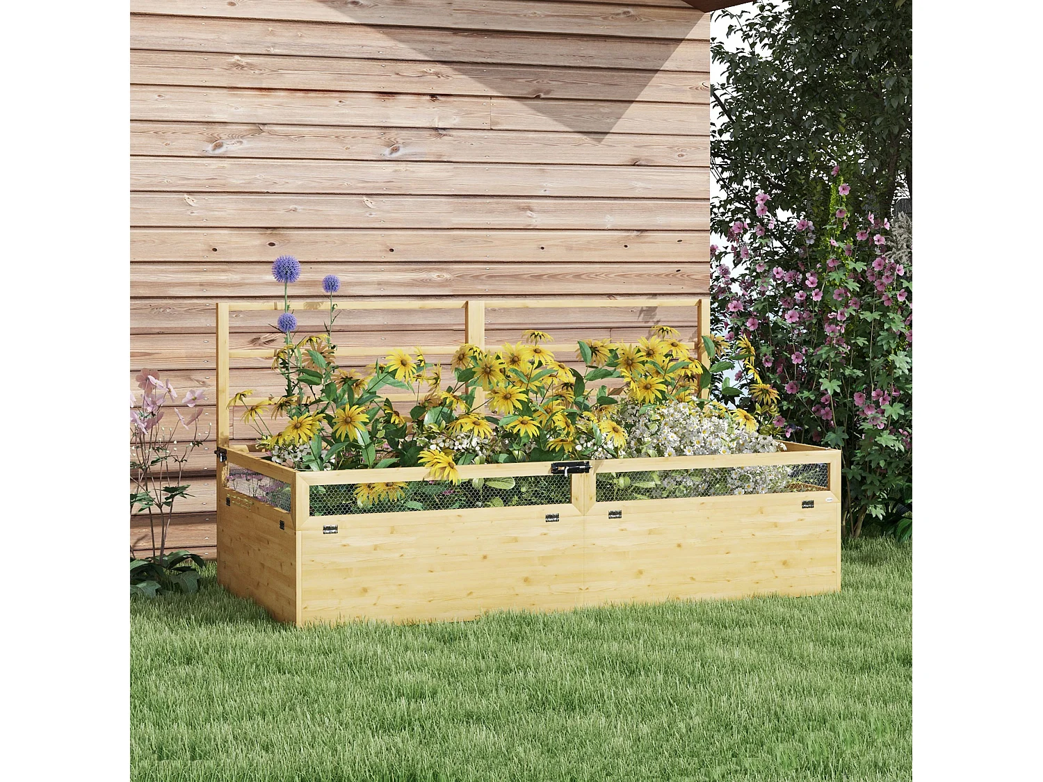 Verhoogd tuinbed met trellis, massief hout, natuurlijk (183x98,5x95 cm)
