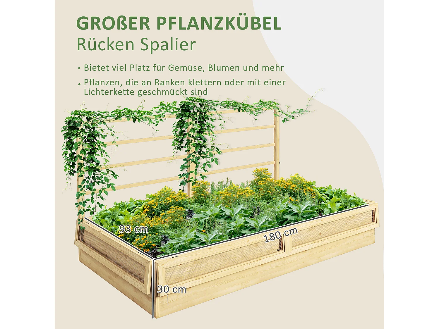 Verhoogd tuinbed met trellis, massief hout, natuurlijk (183x98,5x95 cm)