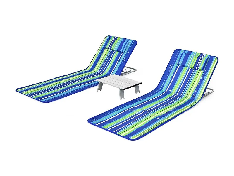 Set di tappetini pieghevoli da spiaggia per cortile campeggio, Sedie a sdraio regolabili con un tavolino Bianco e blu