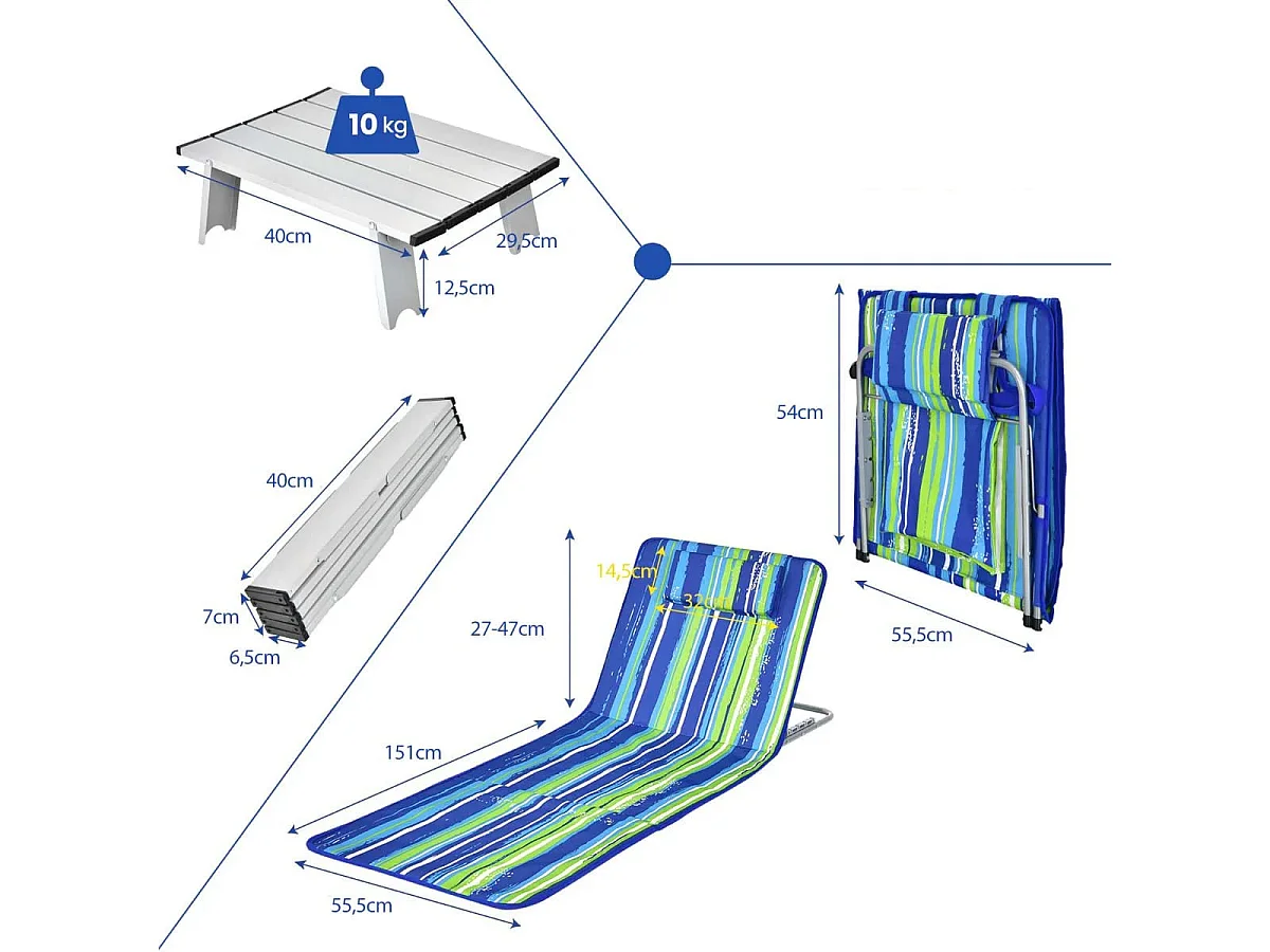2 x Strandmatte mit Beistelltisch Verstellbares Liegestuhlset 151 x 55,5 x 27-47 Blau + Grün
