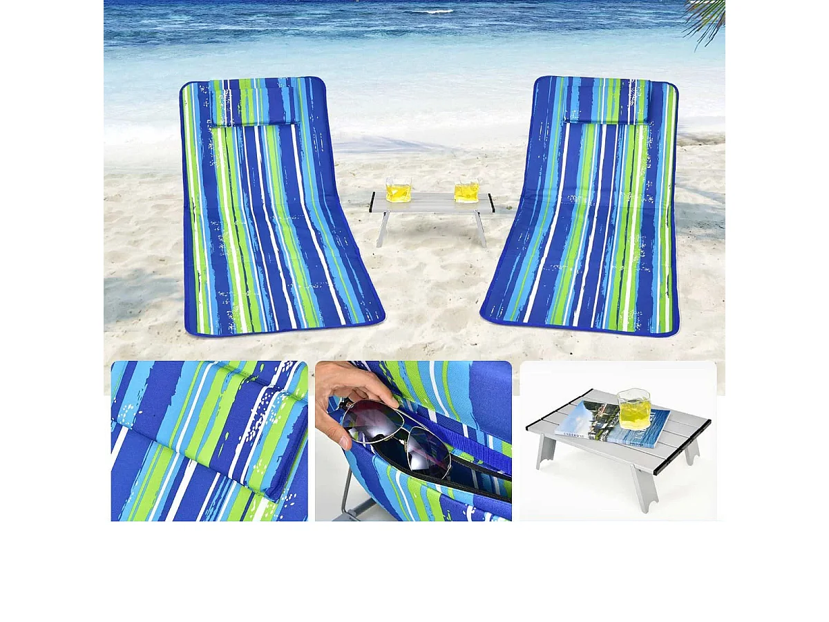 2 x Strandmatte mit Beistelltisch Verstellbares Liegestuhlset 151 x 55,5 x 27-47 Blau + Grün