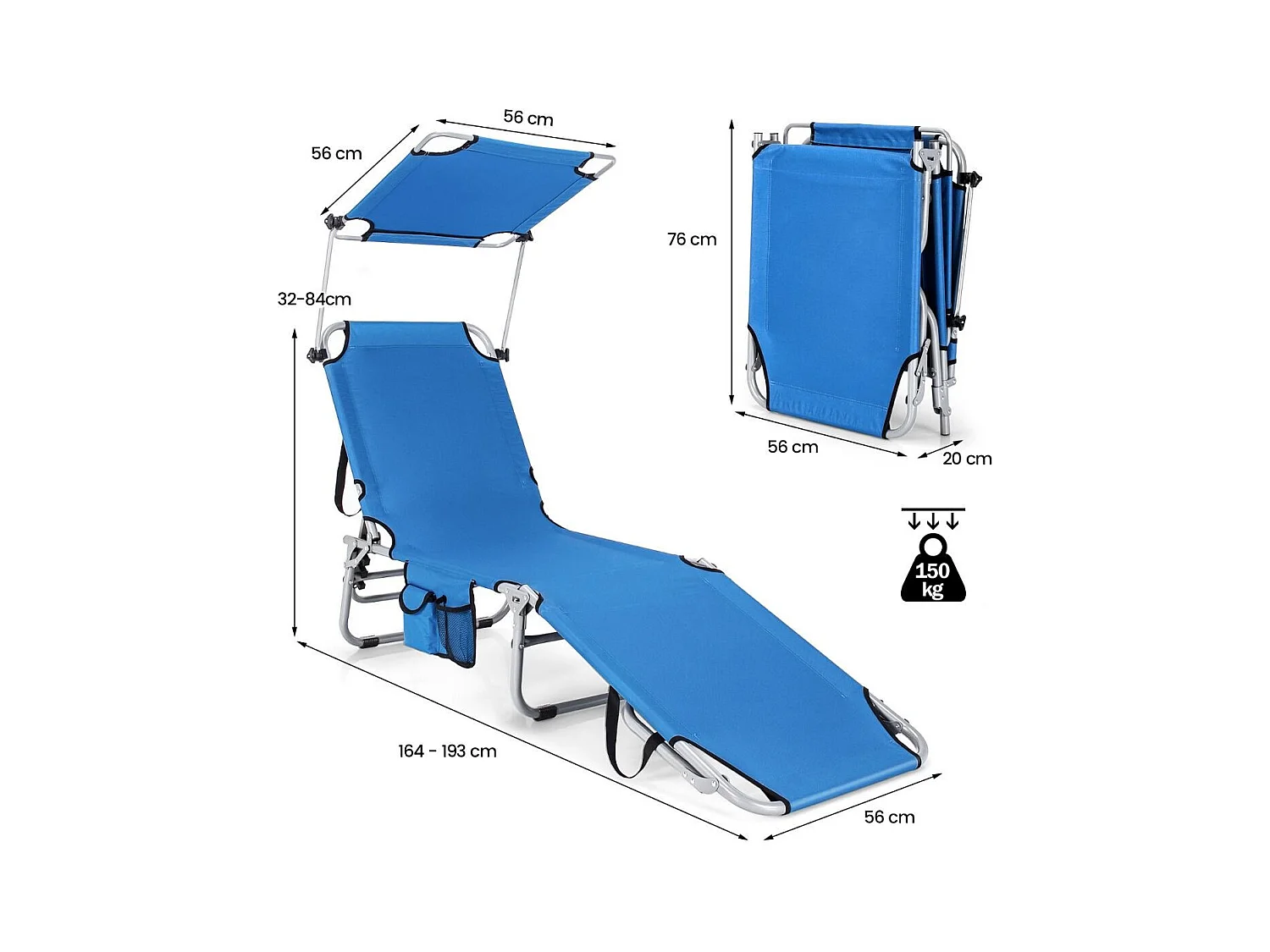Chaise Longue Pliante Inclinable avec Auvent Rotatif à 360° Charge 150KG Bain de Soleil Réglable à 5 Positions Métal Antirouille Bleu