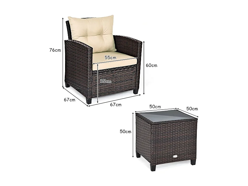 Salon de Jardin en Rotin PE 3 Pièces 2 Places avec Coussins Lavables 1 Table en Verre Trempé