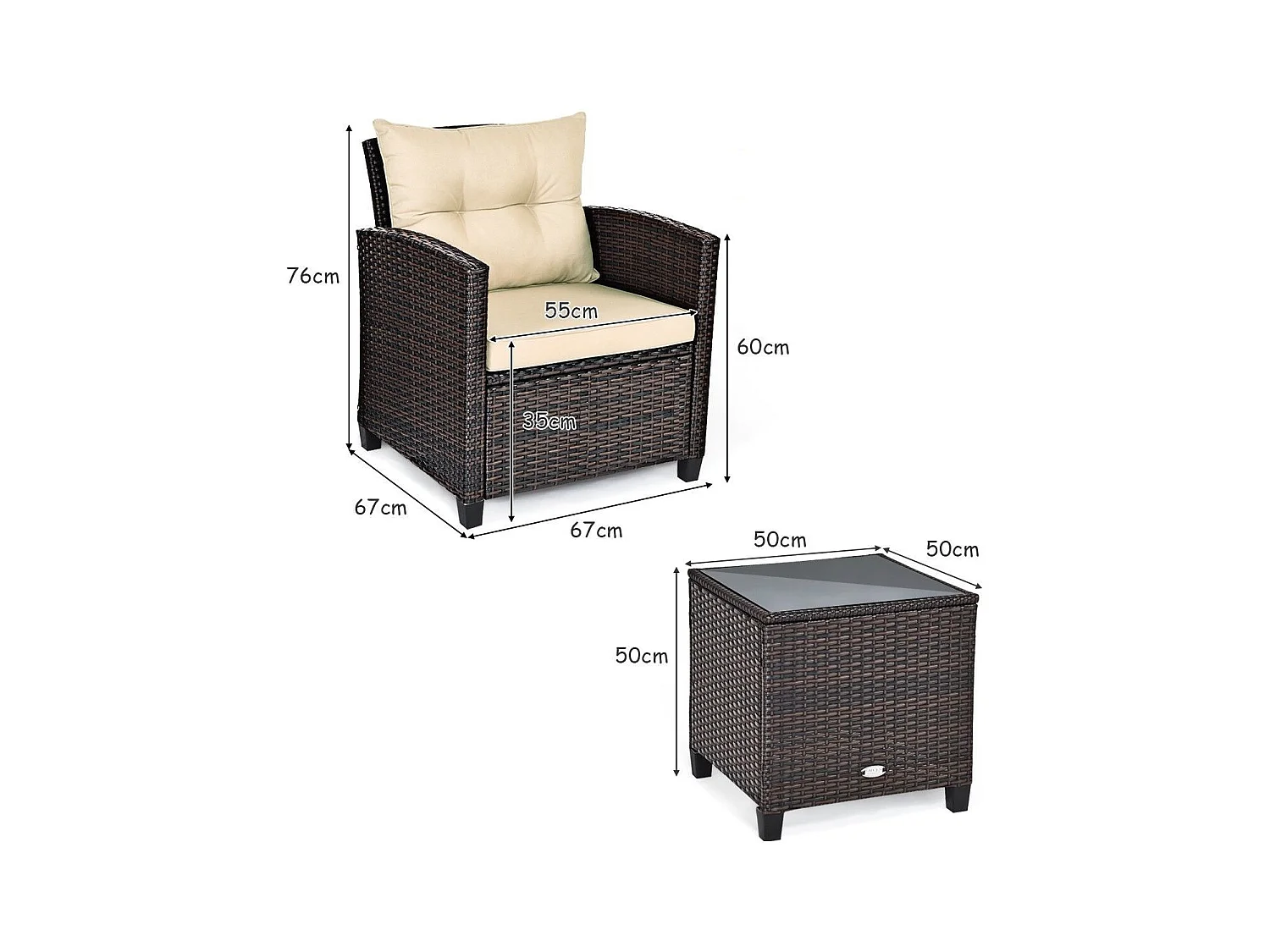 Salon de Jardin en Rotin PE 3 Pièces 2 Places avec Coussins Lavables 1 Table en Verre Trempé