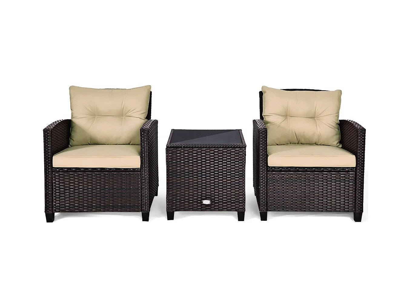 Salon de Jardin en Rotin PE 3 Pièces 2 Places avec Coussins Lavables 1 Table en Verre Trempé