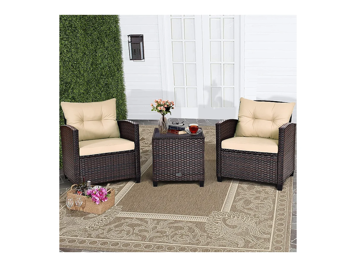 Salon de Jardin en Rotin PE 3 Pièces 2 Places avec Coussins Lavables 1 Table en Verre Trempé