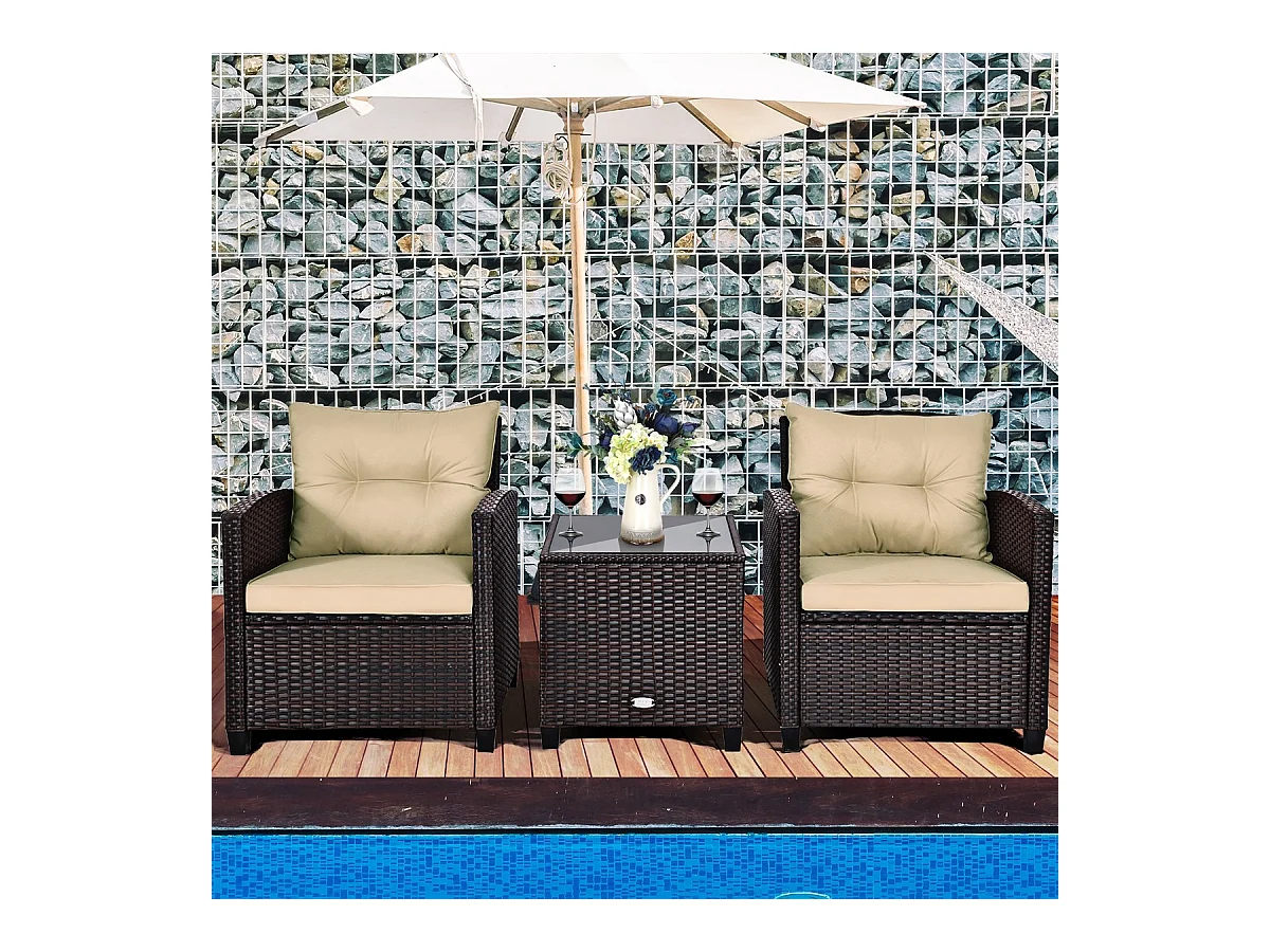 Salon de Jardin en Rotin PE 3 Pièces 2 Places avec Coussins Lavables 1 Table en Verre Trempé