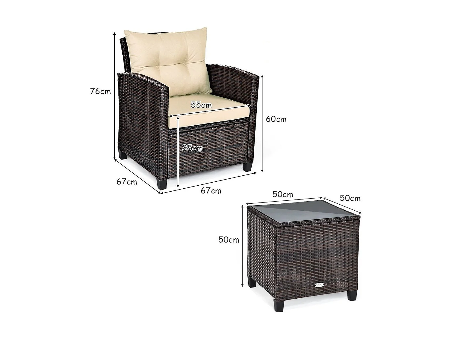 Salon de Jardin en Rotin PE 3 Pièces 2 Places avec Coussins Lavables 1 Table en Verre Trempé