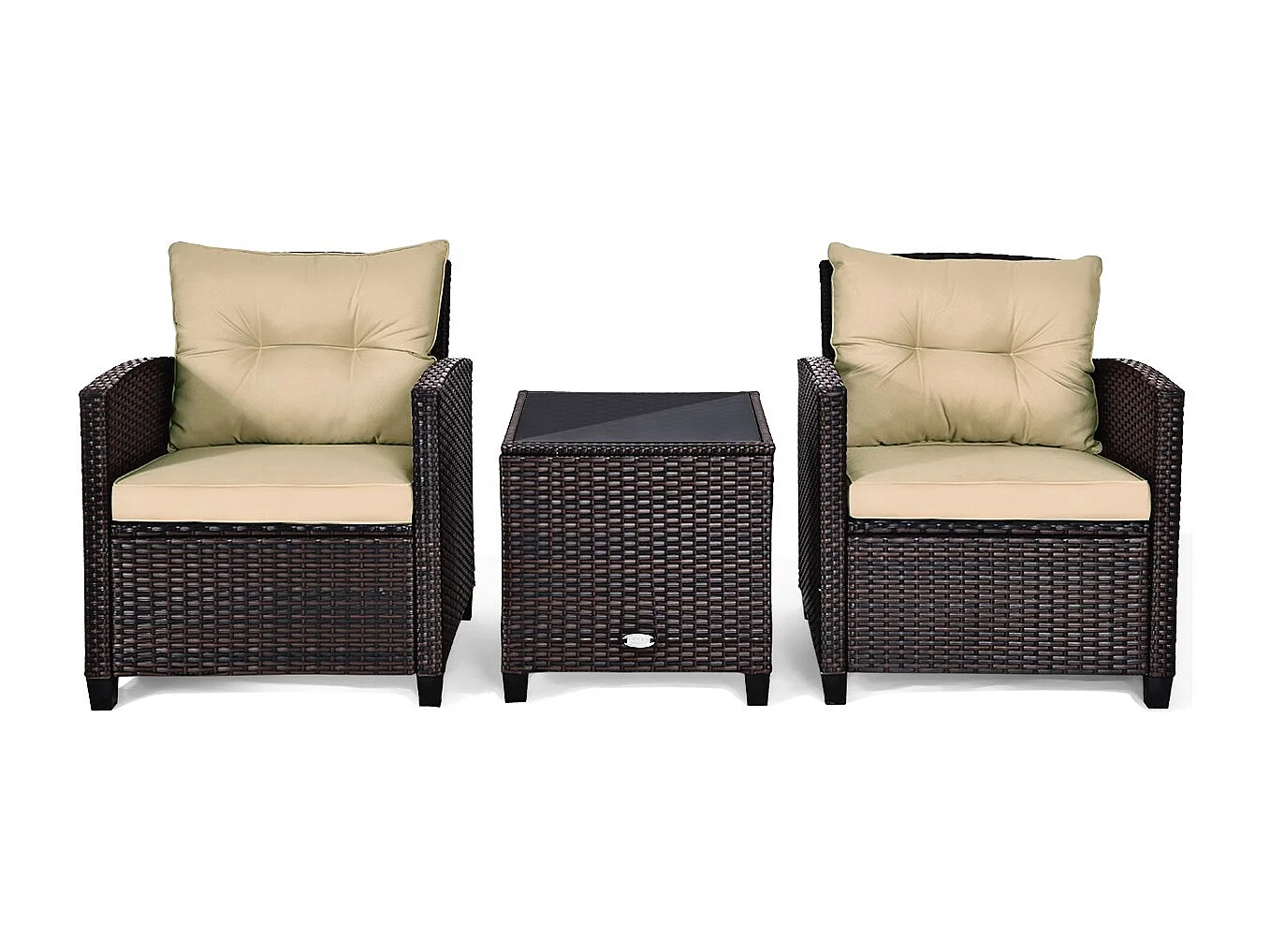 Salon de Jardin en Rotin PE 3 Pièces 2 Places avec Coussins Lavables 1 Table en Verre Trempé