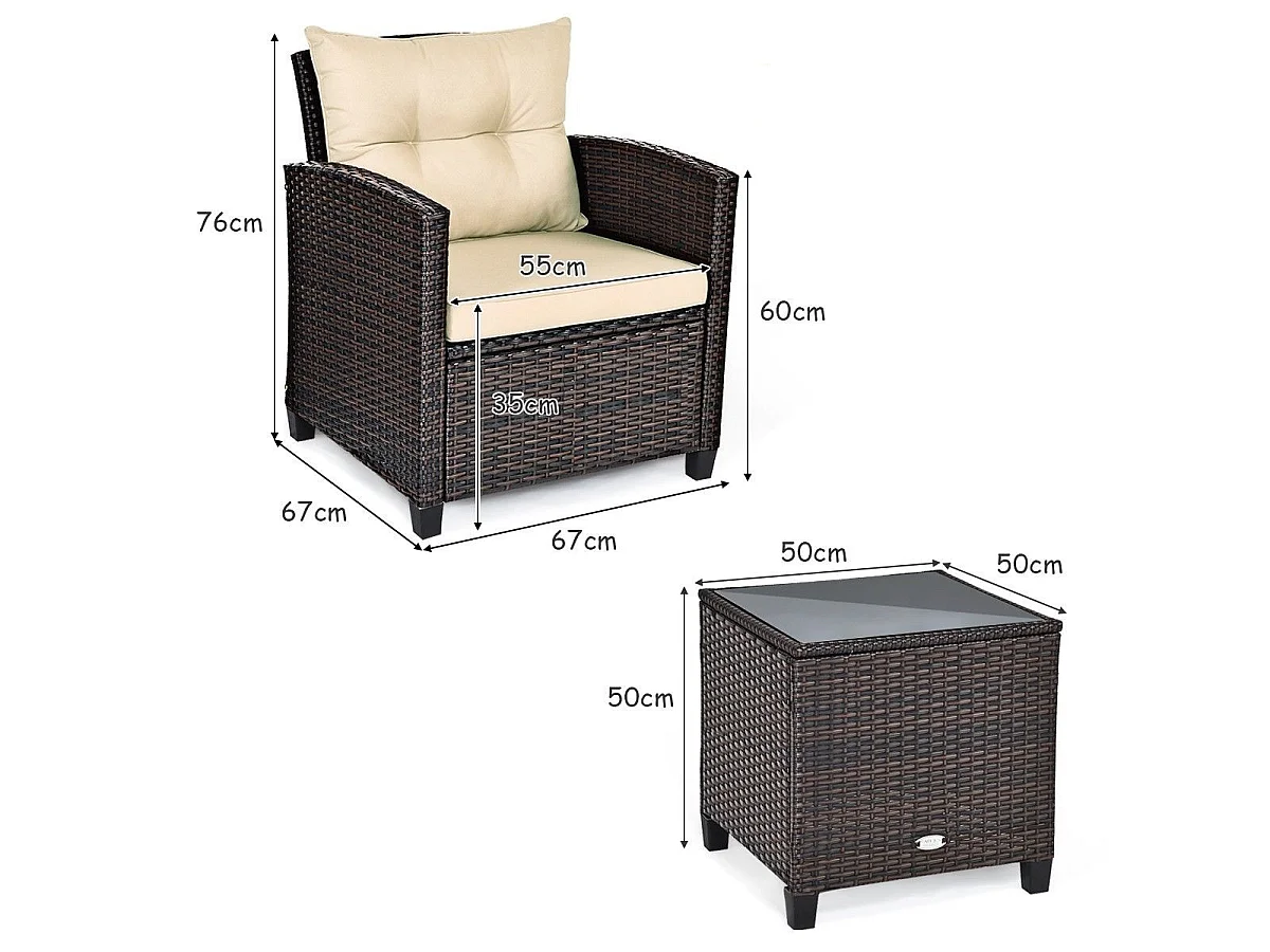 Set 3 pezzi in rattan PE da esterno con cuscino lavabile e superficie in vetro temperato, Set divano da cortile Marrone