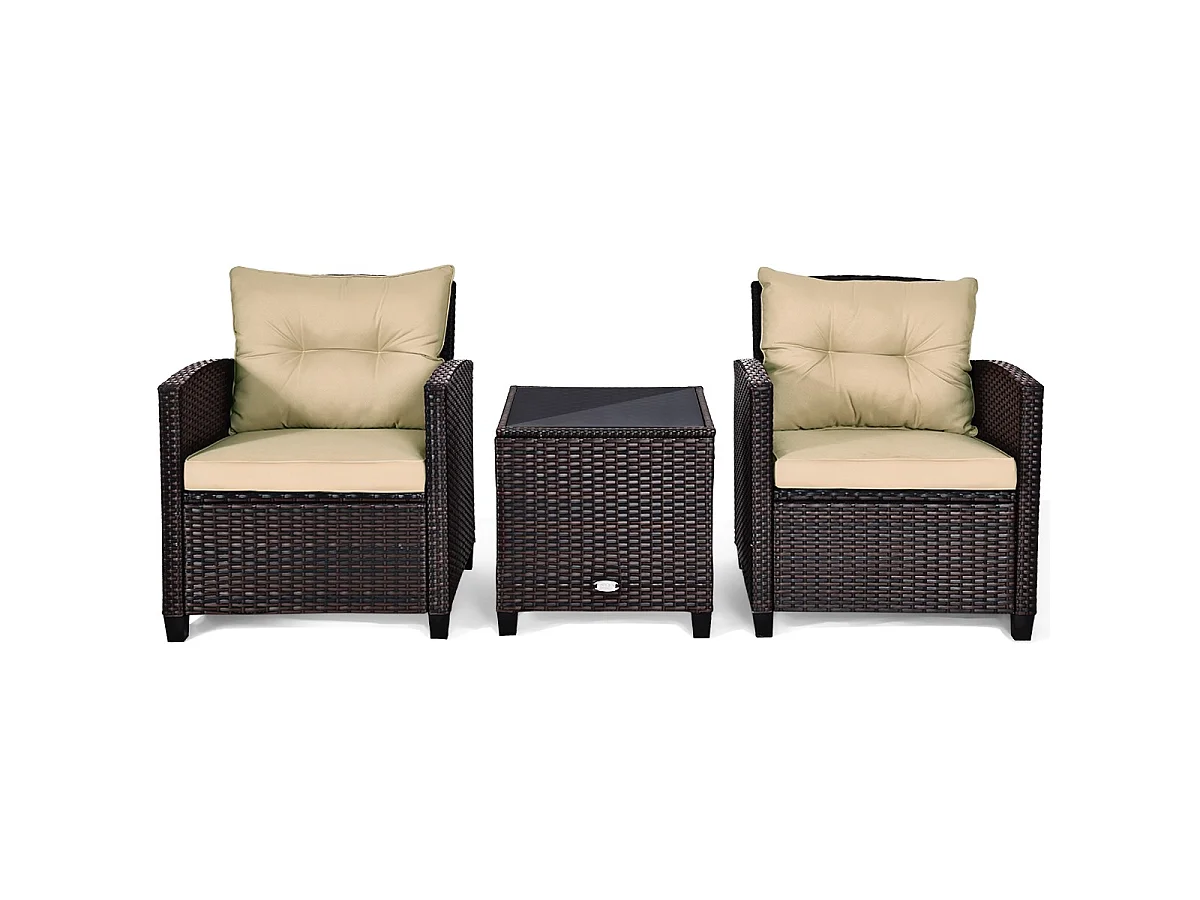 Set 3 pezzi in rattan PE da esterno con cuscino lavabile e superficie in vetro temperato, Set divano da cortile Marrone
