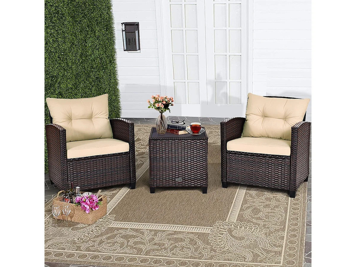 Set 3 pezzi in rattan PE da esterno con cuscino lavabile e superficie in vetro temperato, Set divano da cortile Marrone