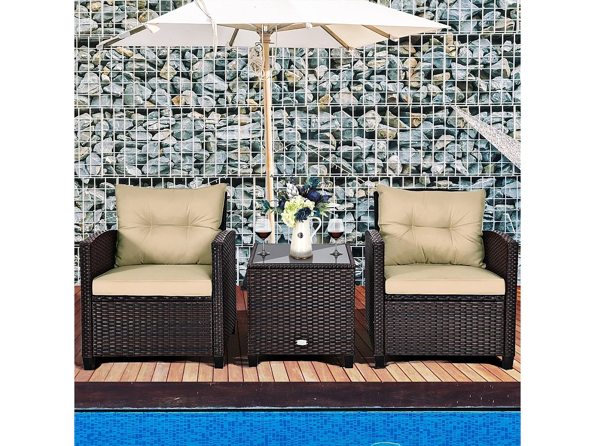 Set 3 pezzi in rattan PE da esterno con cuscino lavabile e superficie in vetro temperato, Set divano da cortile Marrone