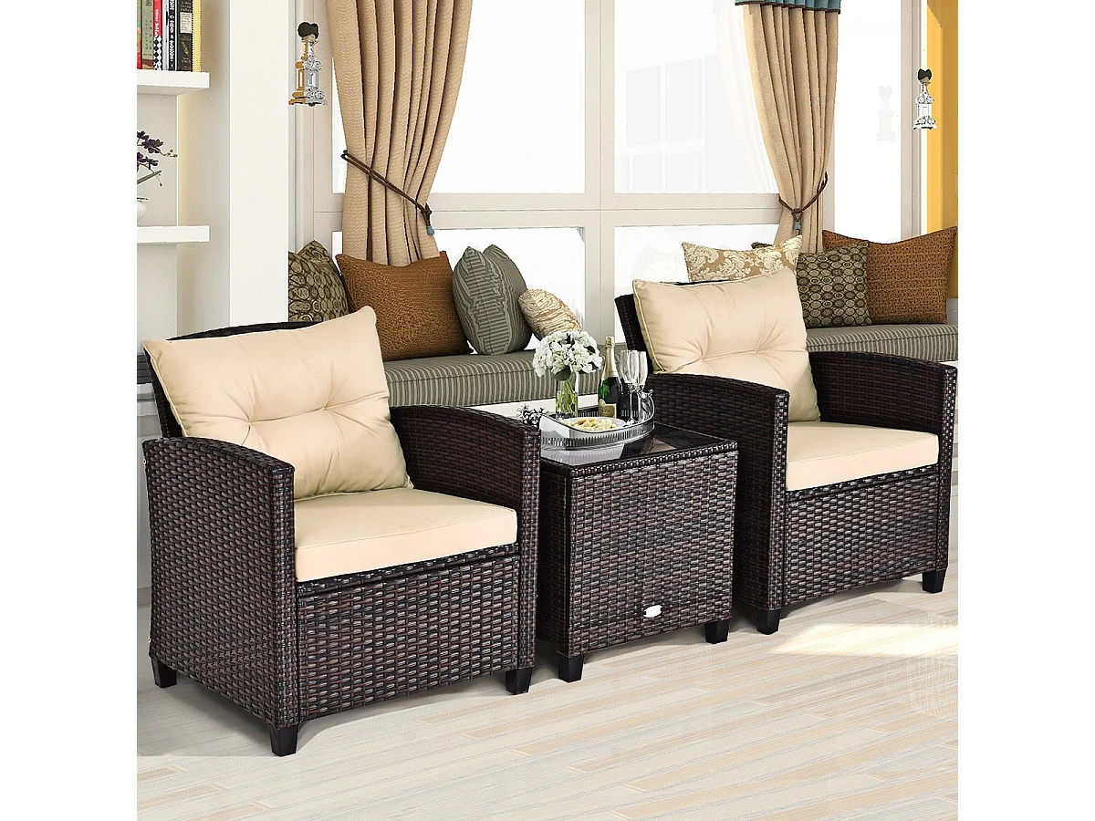 Set 3 pezzi in rattan PE da esterno con cuscino lavabile e superficie in vetro temperato, Set divano da cortile Marrone
