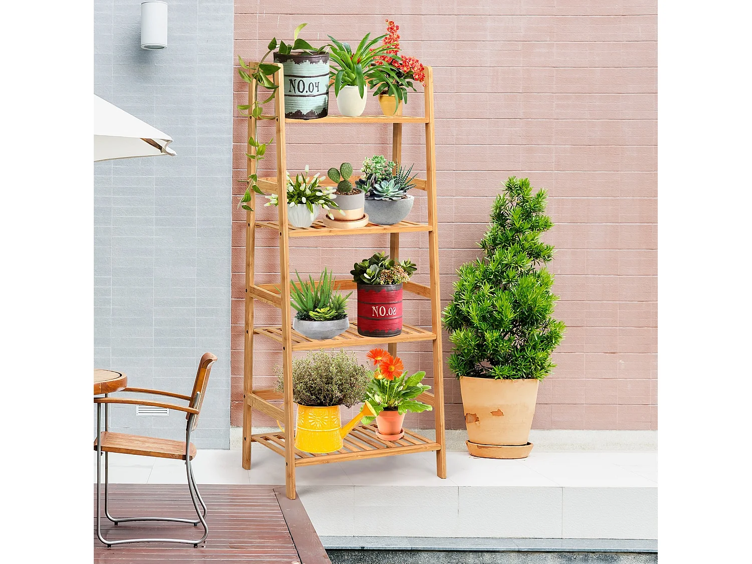 Scaffale multiuso con 4 livelli in bambù per soggiorno cucina ufficio, Libreria rustica con solida struttura Naturale