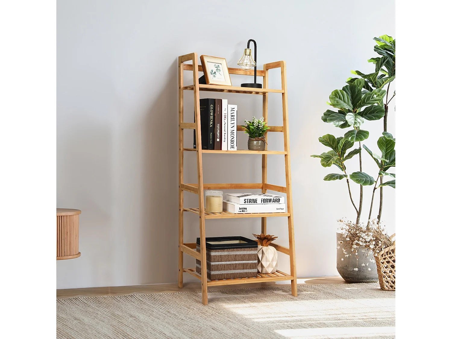 Scaffale multiuso con 4 livelli in bambù per soggiorno cucina ufficio, Libreria rustica con solida struttura Naturale