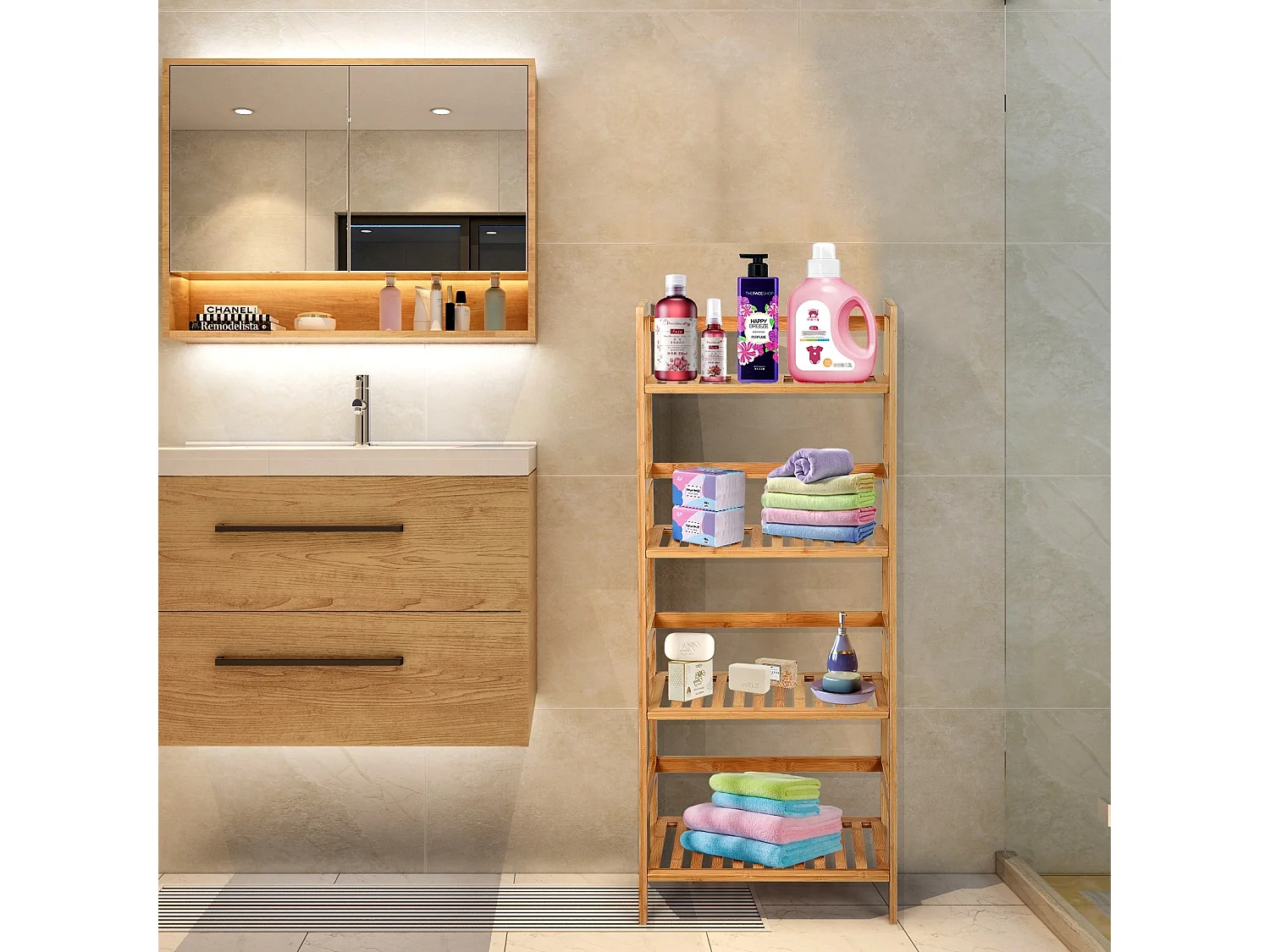 Scaffale multiuso con 4 livelli in bambù per soggiorno cucina ufficio, Libreria rustica con solida struttura Naturale