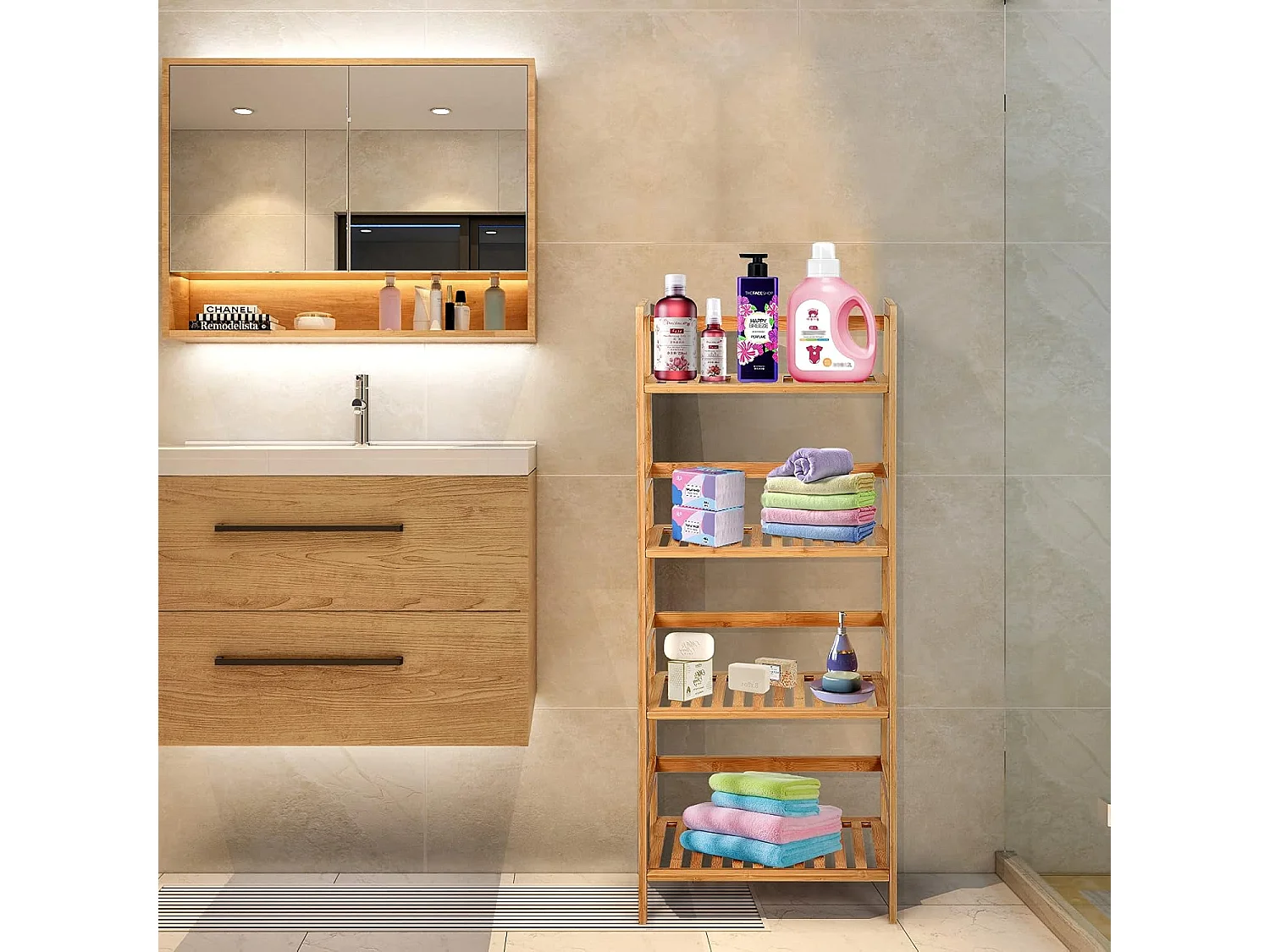 Scaffale multiuso con 4 livelli in bambù per soggiorno cucina ufficio, Libreria rustica con solida struttura Naturale