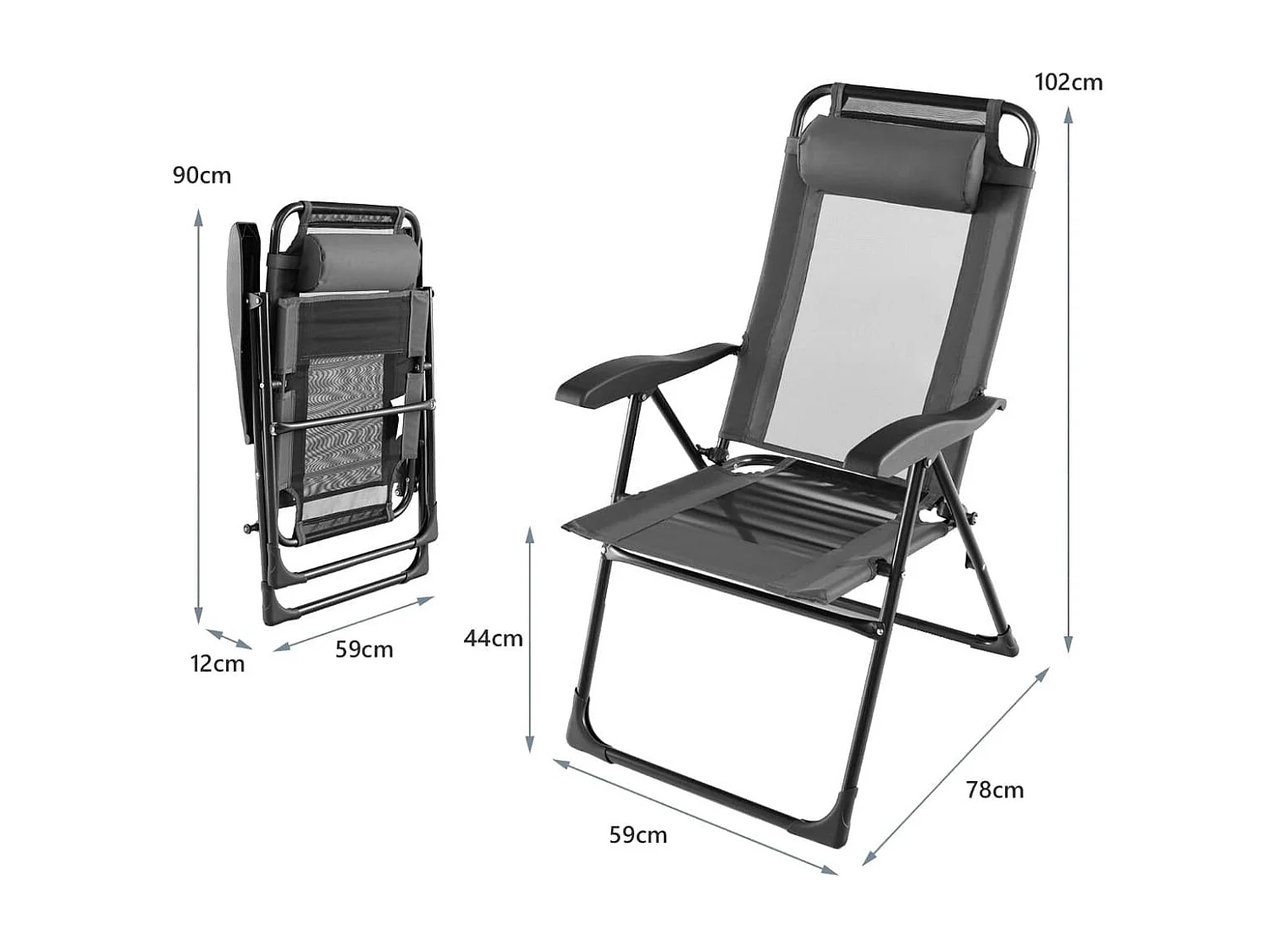 2 Klappbare Liegestühle für die Terrasse 71 x 58,5 x 101,5 cm Grau