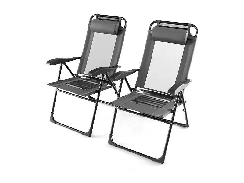 Lot de 2 Chaises Longues Pliante en Tissu Oxford avec Appuie-Tête Chaise de Jardin Inclinable Réglables sur 7 Positions Gris