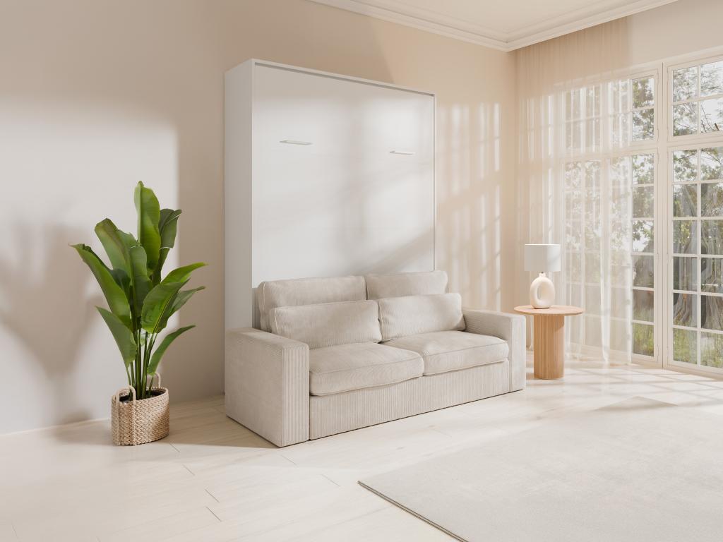 Schrankbett - 140 x 200 cm - Weiß - Vertikale manuelle Öffnung - Mit Sofa - günstig online kaufen
