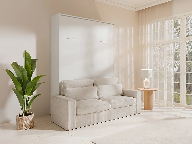 Lit escamotable 140 x 200 cm - Ouverture verticale manuelle - Blanc + Canapé - BEGANIO