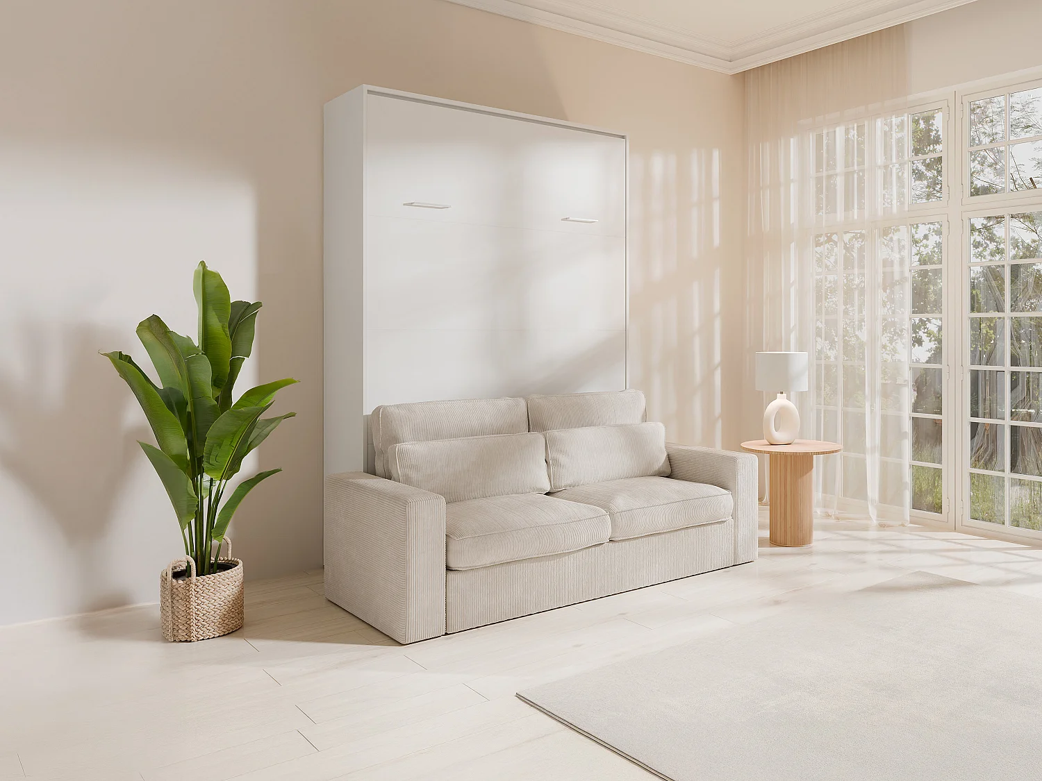 Letto a scomparsa 160 x 200 cm - Apertura verticale manuale - Bianco + Divano - BEGANIO