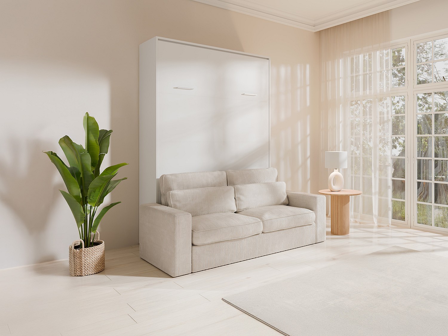 Schrankbett - 160 x 200 cm - Weiß - Vertikale manuelle Öffnung - Mit Sofa - günstig online kaufen