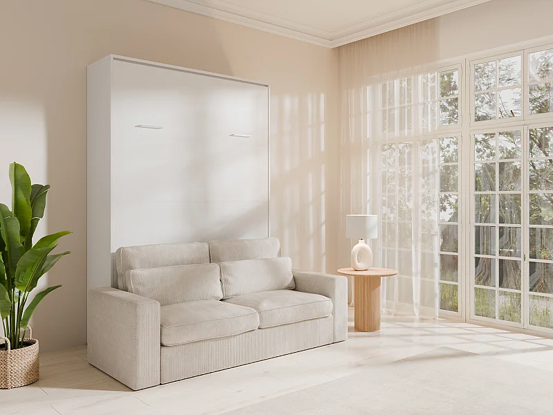 Letto a scomparsa 160 x 200 cm - Apertura verticale manuale - Bianco + Divano - BEGANIO