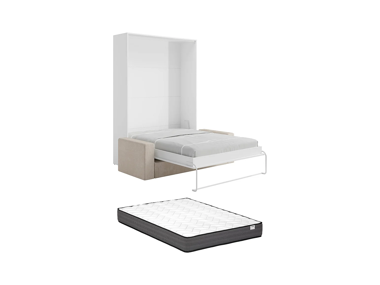 Letto a scomparsa 160 x 200 cm - Apertura verticale manuale - Bianco + Materasso + Divano - BEGANIO