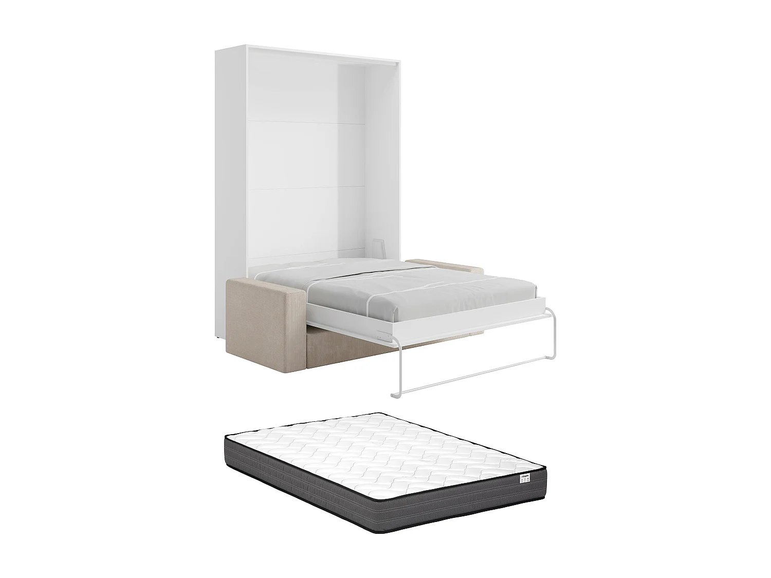 Letto a scomparsa 160 x 200 cm - Apertura verticale manuale - Bianco + Materasso + Divano - BEGANIO