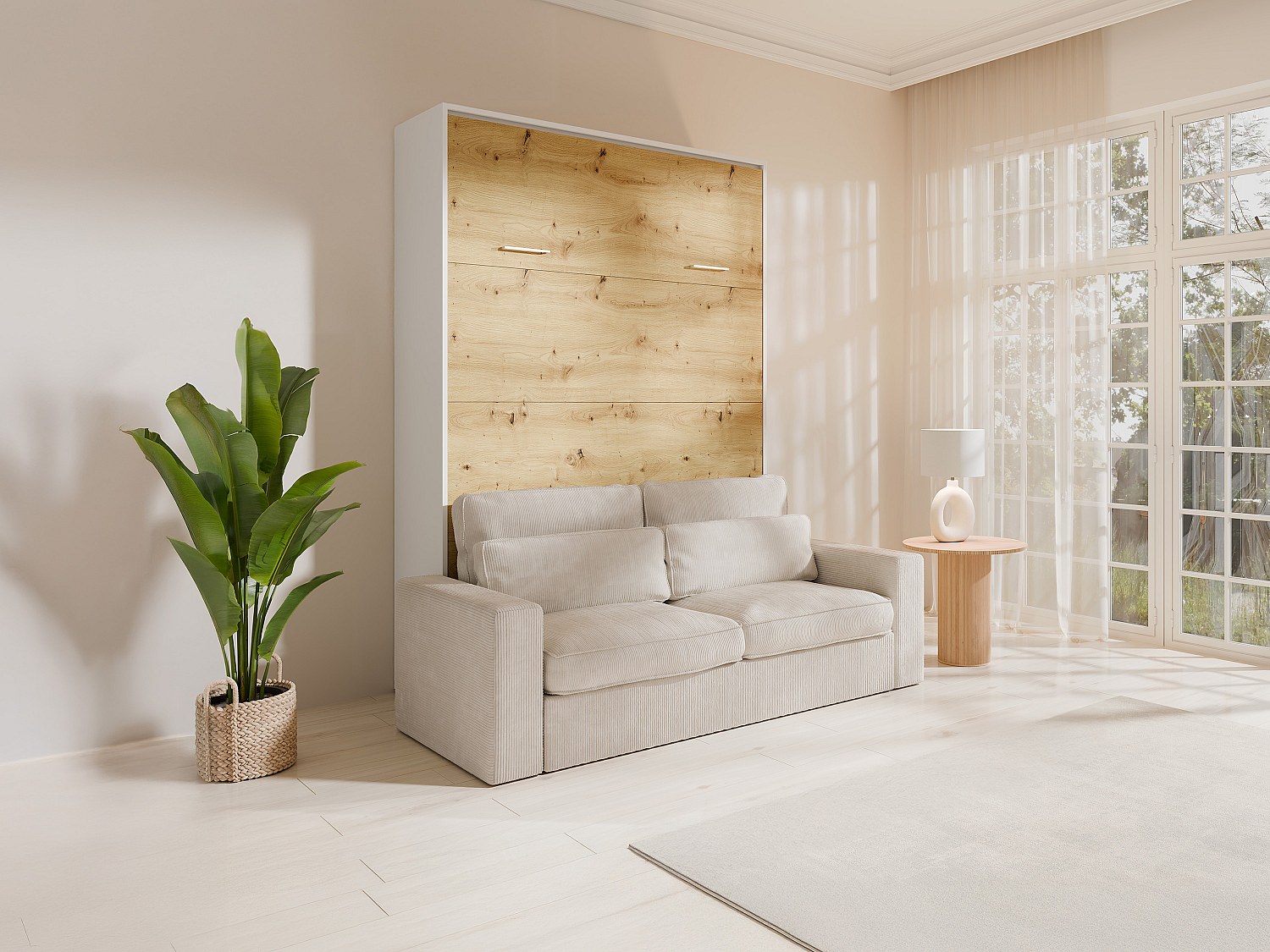 Schrankbett - 140 x 200 cm - Natur & Weiß - Vertikale manuelle Öffnung - Mi günstig online kaufen