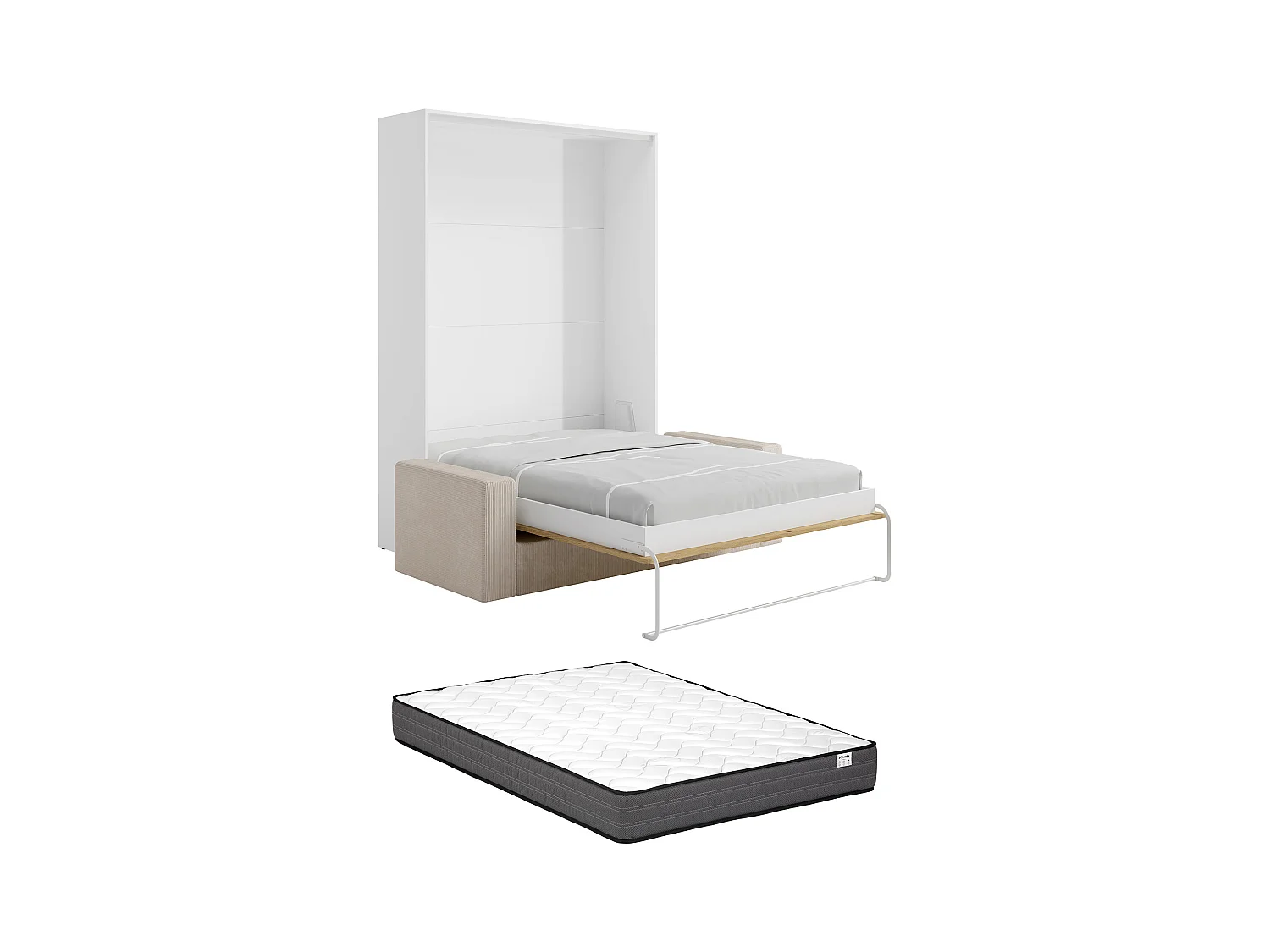 Letto a scomparsa 160 x 200 cm - Apertura verticale manuale - Colore: Naturale e bianco + Materasso + Divano - BEGANIO