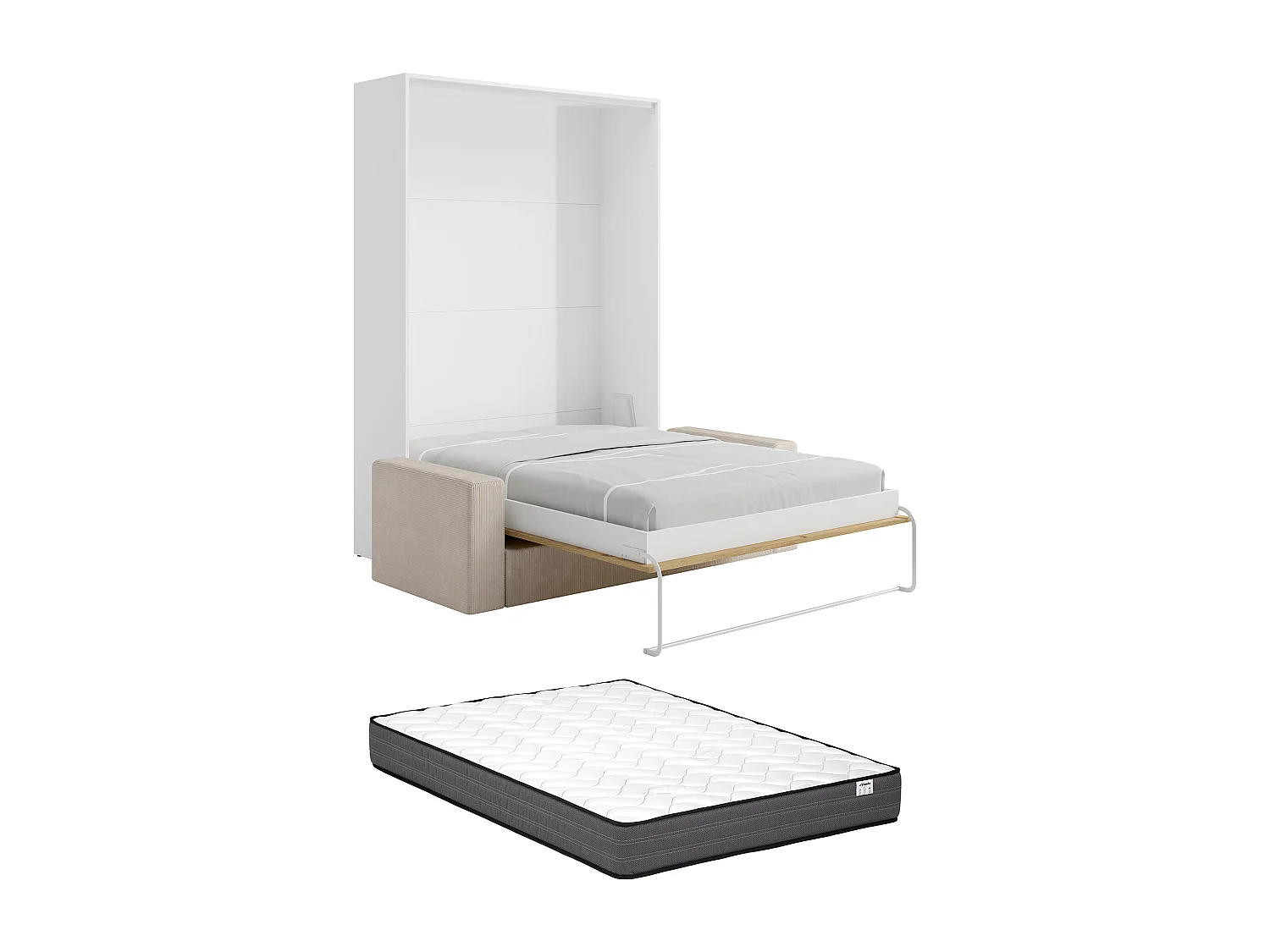 Letto a scomparsa 160 x 200 cm - Apertura verticale manuale - Colore: Naturale e bianco + Materasso + Divano - BEGANIO