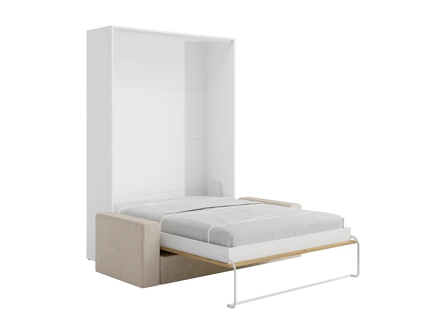Letto a scomparsa 160 x 200 cm - Apertura verticale manuale - Colore: Naturale e bianco + Materasso + Divano - BEGANIO