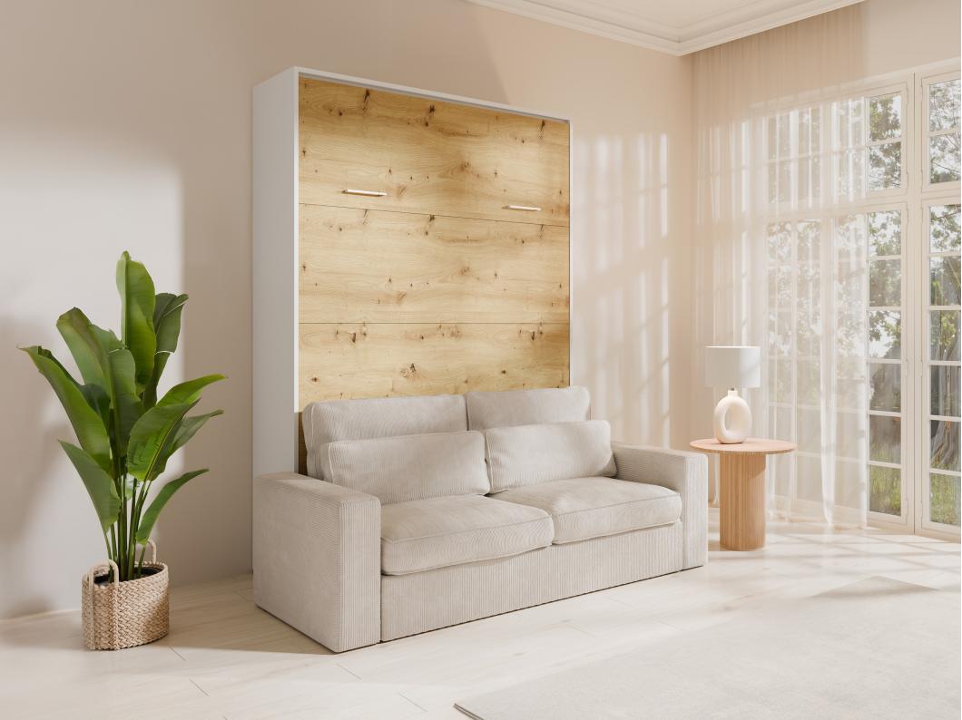 Lit escamotable 160 x 200 cm - Ouverture verticale manuelle - Coloris : Naturel et blanc + Canapé - BEGANIO