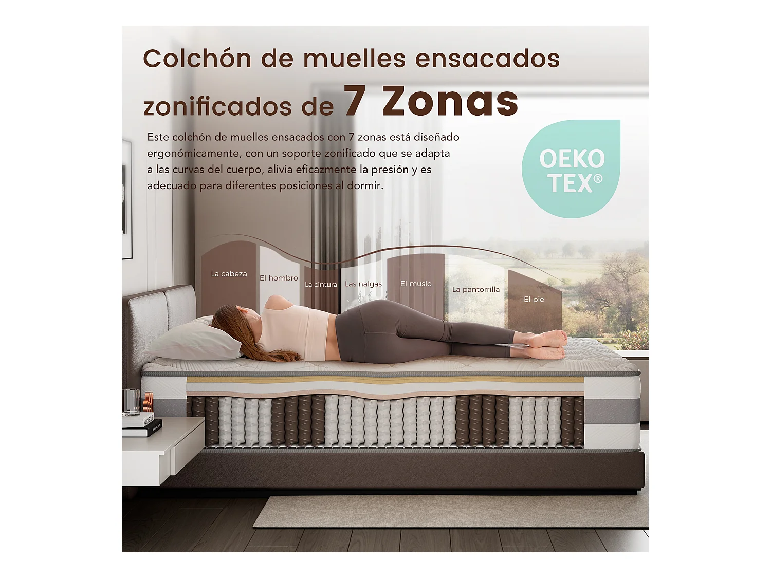 Colchón de muelles ensacados 160 x 200 cm, 7 zonas de confort, firmeza media H3, espuma confortable de 25 cm de grosor - HOMAVO, certificado OEKO-TEX