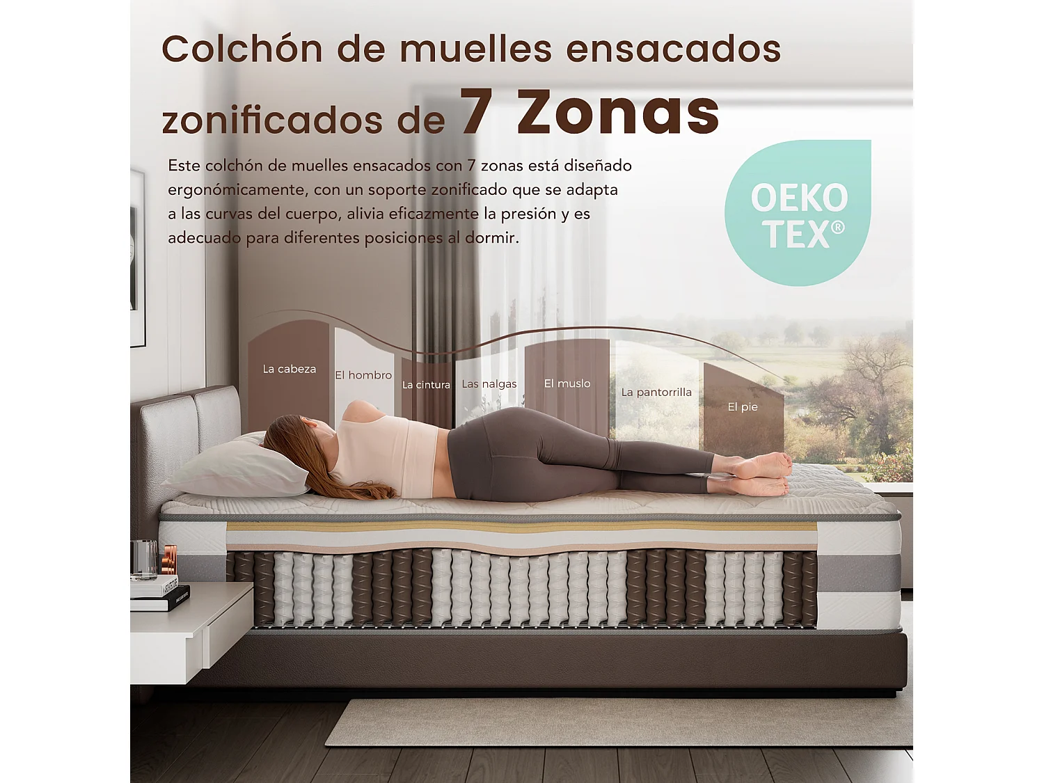Colchón de muelles ensacados 100 x 200 cm, 7 zonas de confort, firmeza media H3, espuma confortable de 25 cm de grosor - HOMAVO, certificado OEKO-TEX