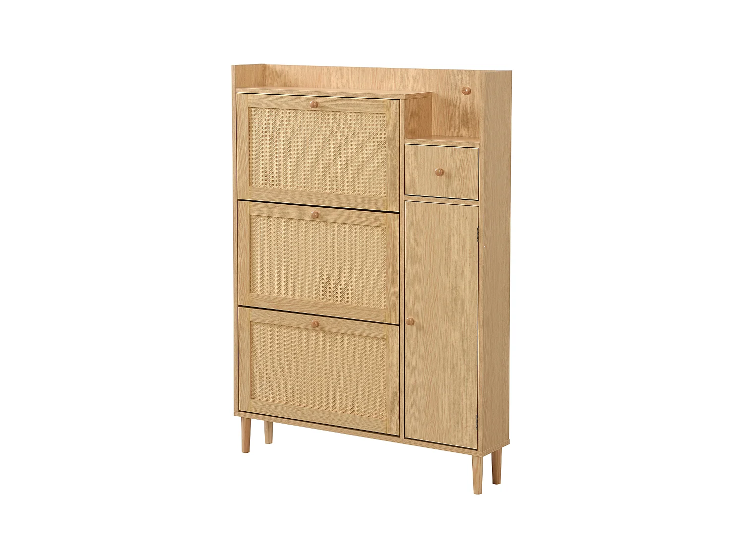 Meuble à chaussures en bois et rotin avec 3 portes et 1 tiroir,  90 x  17 x 125 cm Naturel