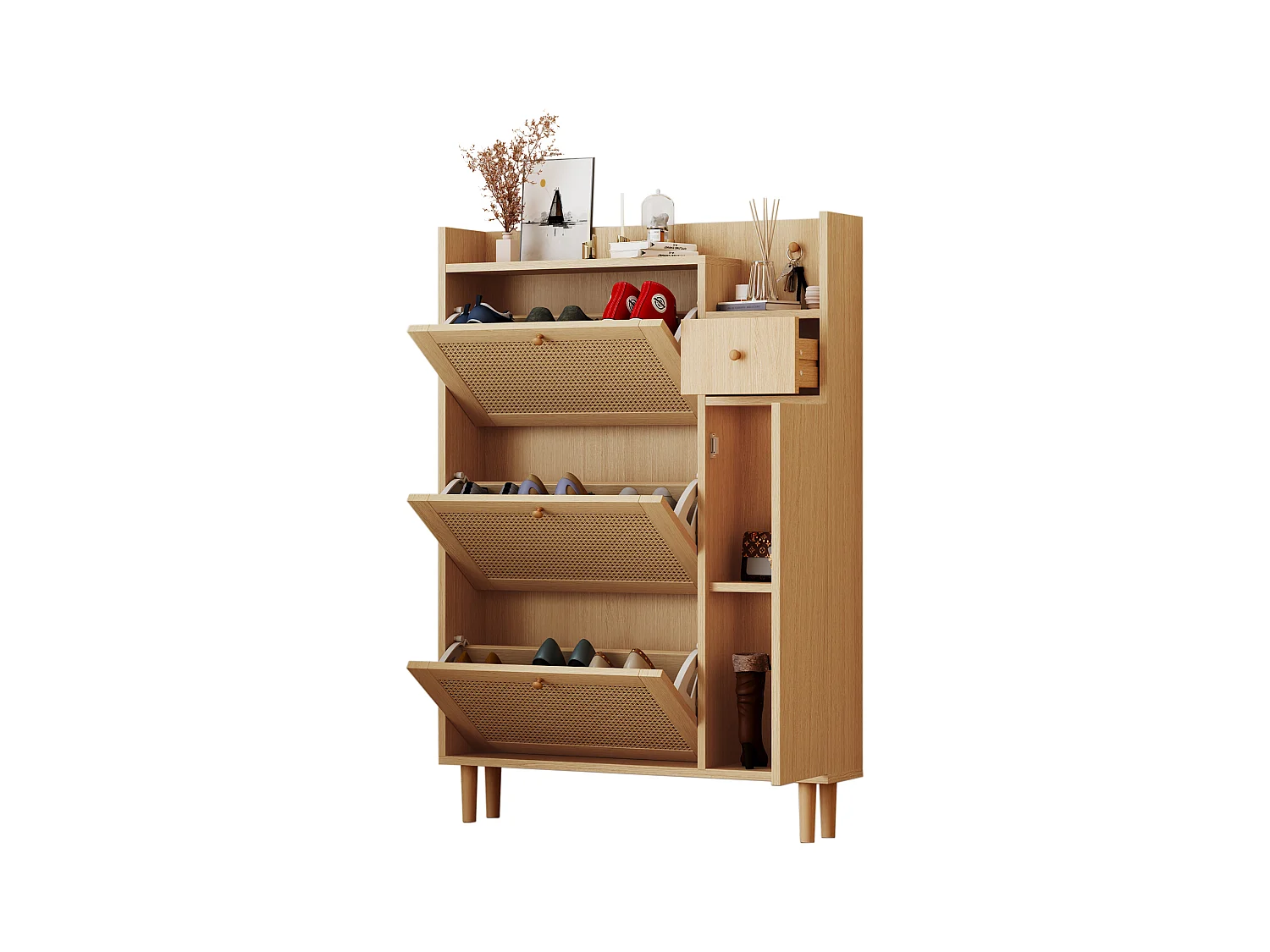 Meuble à chaussures en bois et rotin avec 3 portes et 1 tiroir,  90 x  17 x 125 cm Naturel