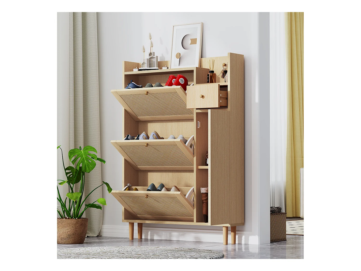 Meuble à chaussures en bois et rotin avec 3 portes et 1 tiroir,  90 x  17 x 125 cm Naturel