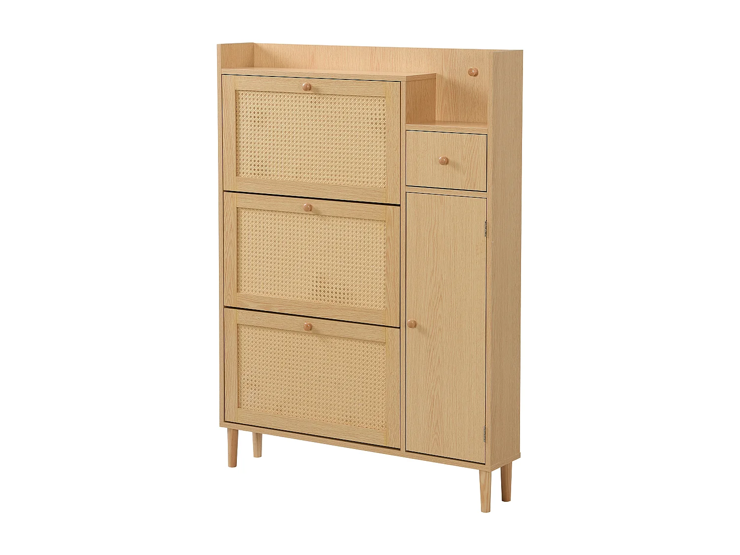 Meuble à chaussures en bois et rotin avec 3 portes et 1 tiroir,  90 x  17 x 125 cm Naturel