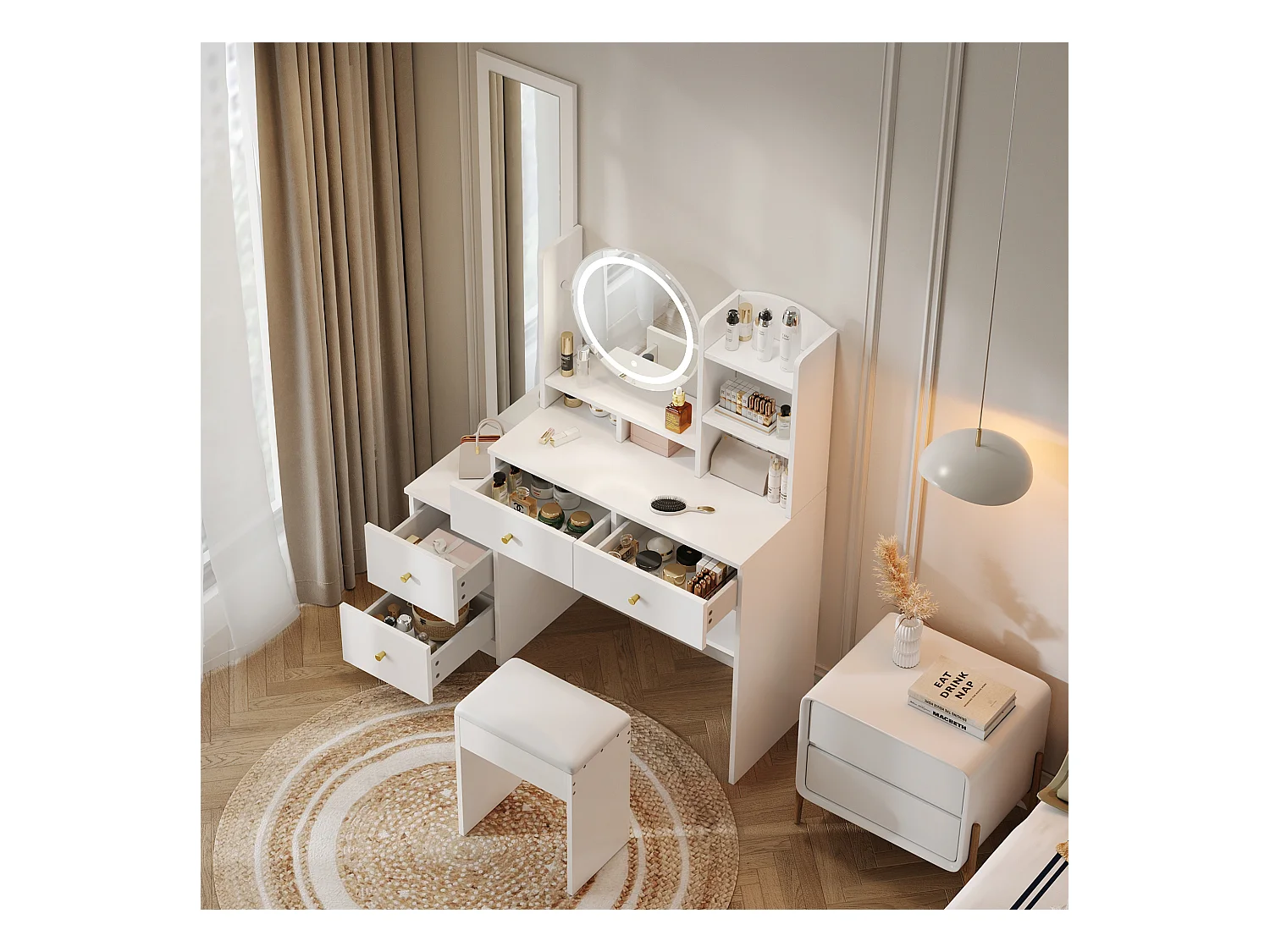 Ensemble de coiffeuse avec miroir LED, miroir long et tabouret, 4 tiroirs et 2 étagères, blanc 164x39x109 cm