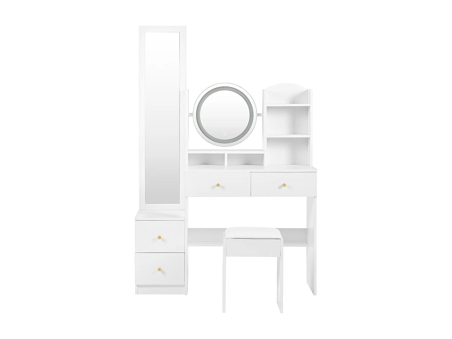 Ensemble de coiffeuse avec miroir LED, miroir long et tabouret, 4 tiroirs et 2 étagères, blanc 164x39x109 cm