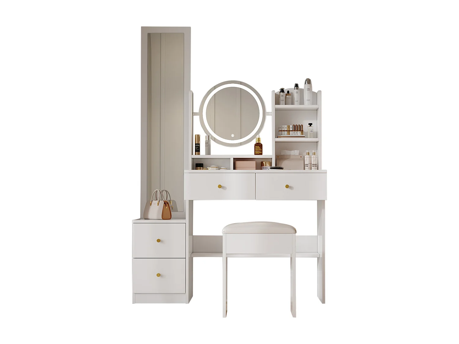 Ensemble de coiffeuse avec miroir LED, miroir long et tabouret, 4 tiroirs et 2 étagères, blanc 164x39x109 cm