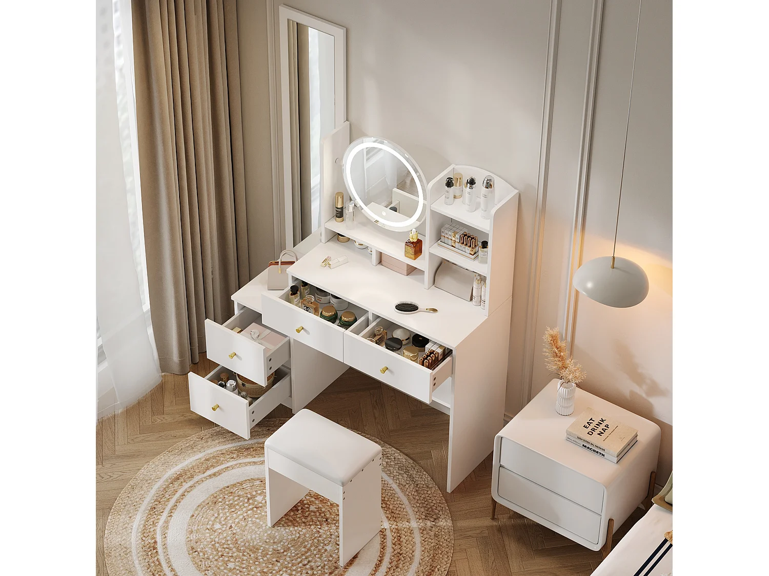 Ensemble de coiffeuse avec miroir LED, miroir long et tabouret, 4 tiroirs et 2 étagères, blanc 164x39x109 cm