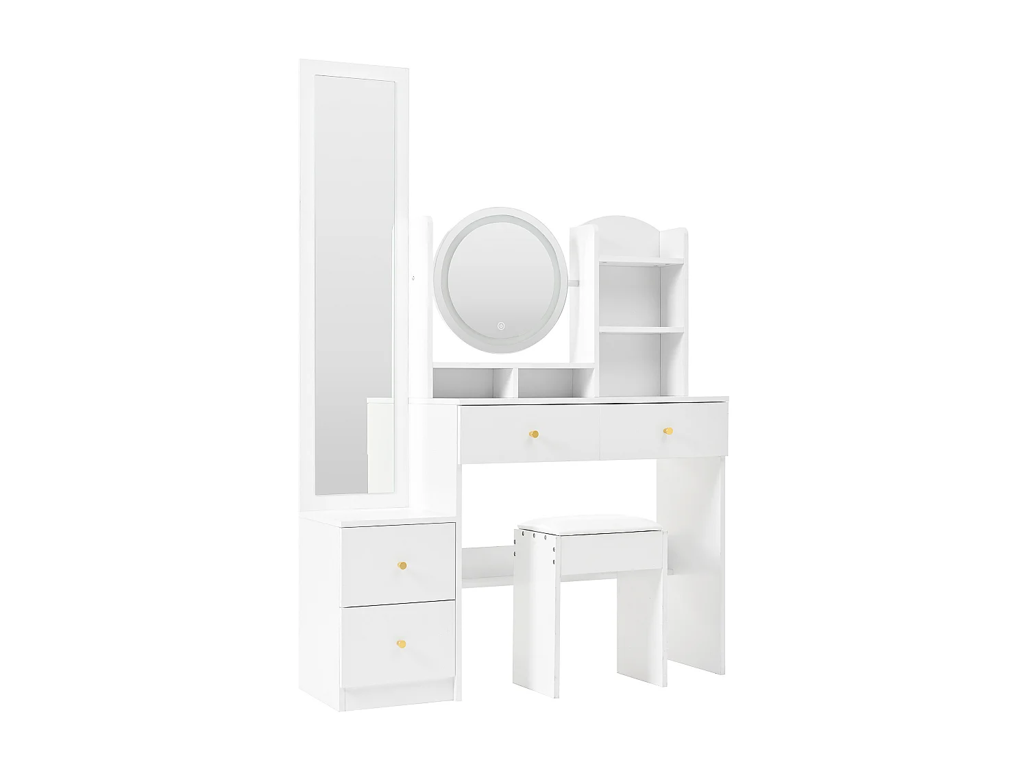 Ensemble de coiffeuse avec miroir LED, miroir long et tabouret, 4 tiroirs et 2 étagères, blanc 164x39x109 cm