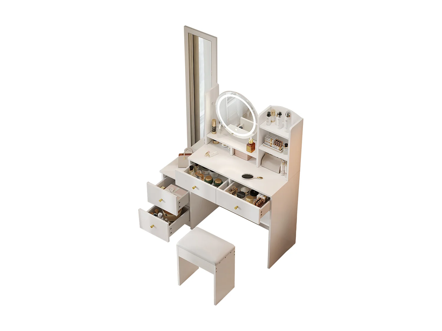 Ensemble de coiffeuse avec miroir LED, miroir long et tabouret, 4 tiroirs et 2 étagères, blanc 164x39x109 cm