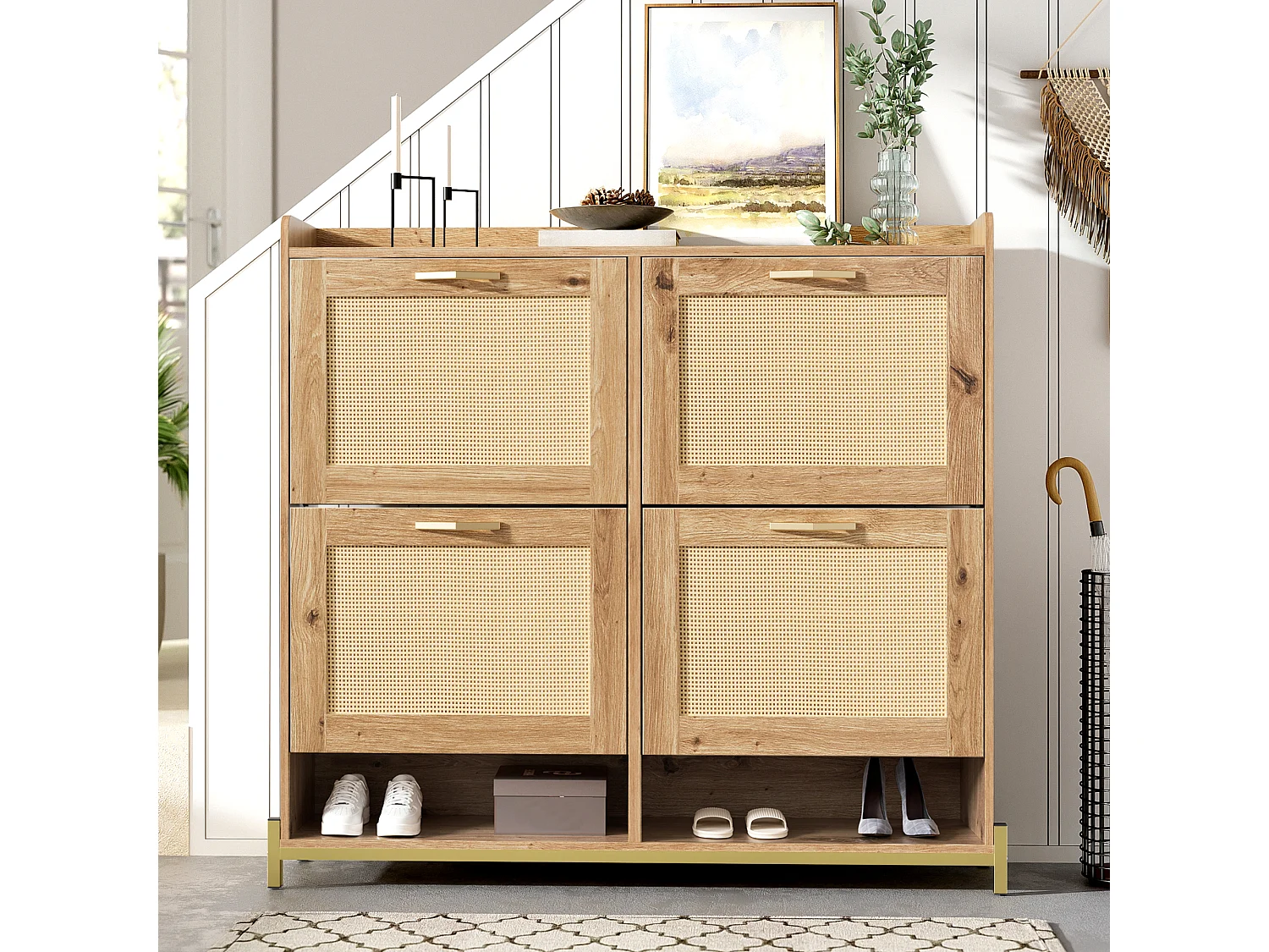 Houten schoenenkast met vier uitklapbare laden, rotandeuren, afmetingen: 108,5 x 24 x 100 cm