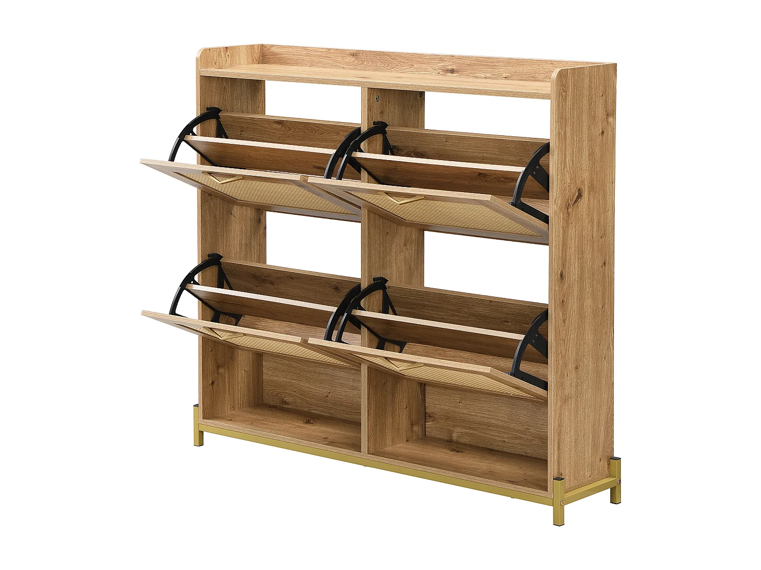 Houten schoenenkast met vier uitklapbare laden, rotandeuren, afmetingen: 108,5 x 24 x 100 cm